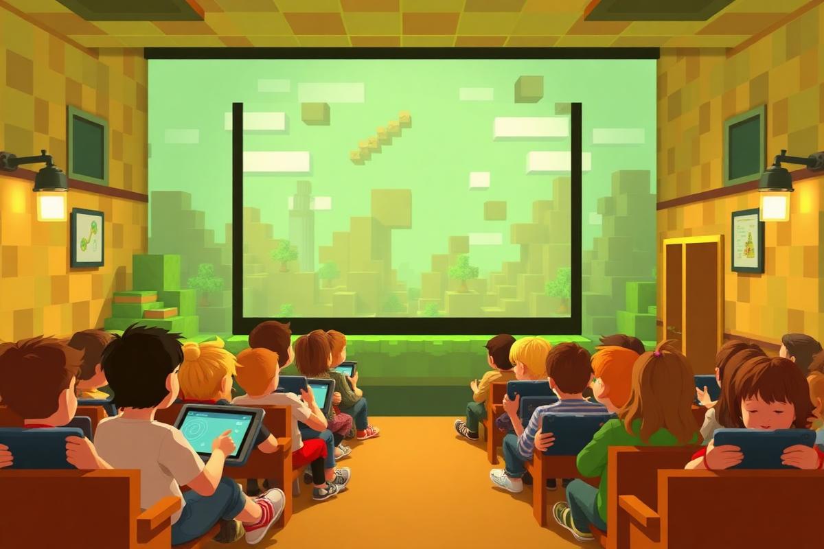 Børn spiller Minecraft foran en stor projektorskærm til et PixelByg-event